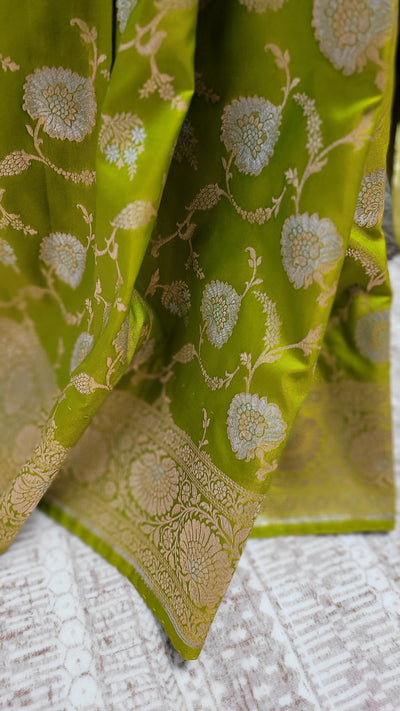 Lime Green Banaras Semi Katan Sona Rupa Silk Saree