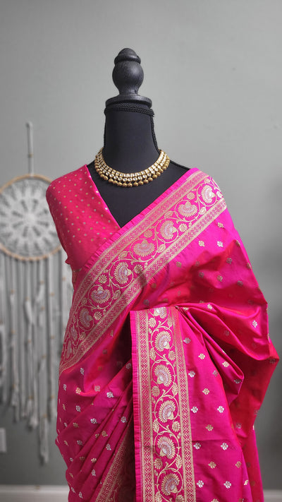 Rani Pink Banaras Semi Katan Sona Rupa Silk Saree
