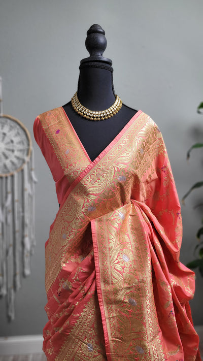 Peach Banaras Semi Katan Sona Rupa Silk Saree