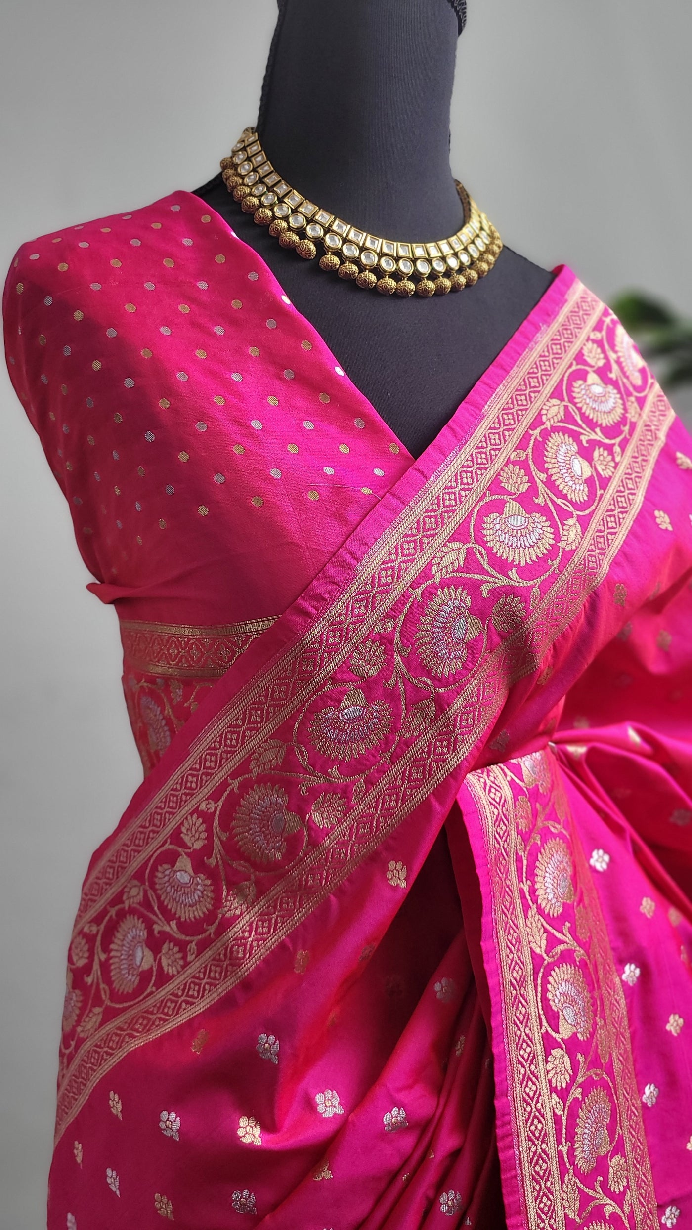 Rani Pink Banaras Semi Katan Sona Rupa Silk Saree