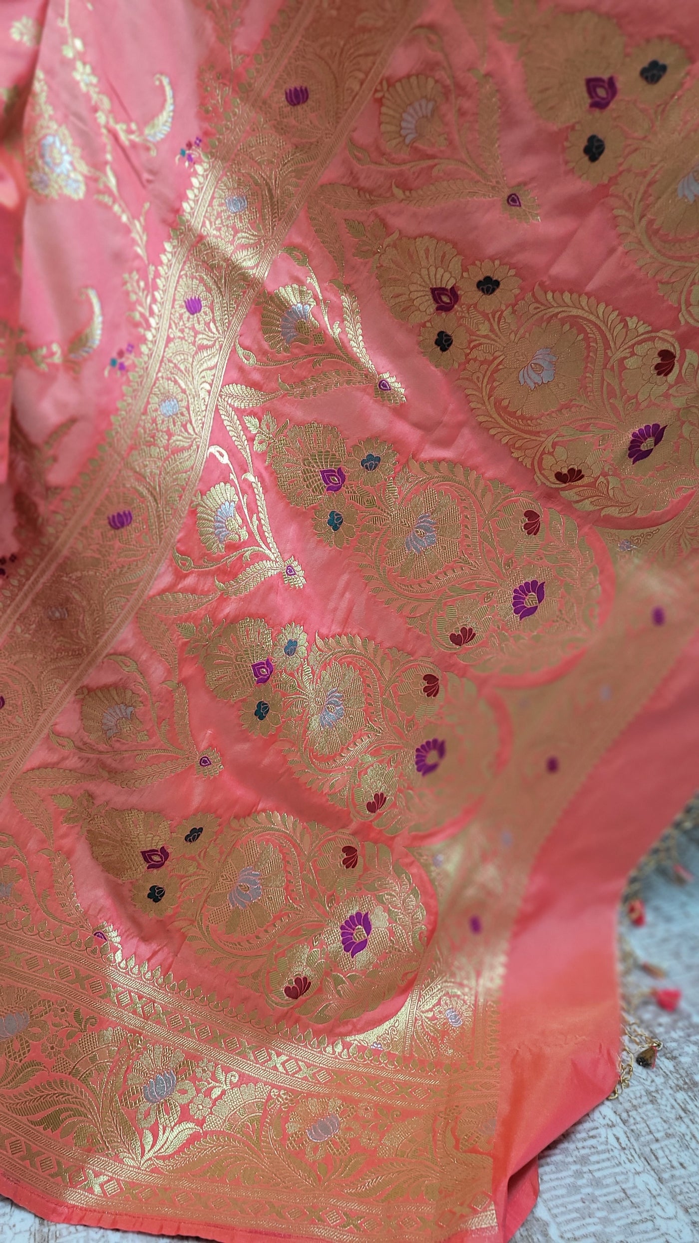 Peach Banaras Semi Katan Sona Rupa Silk Saree