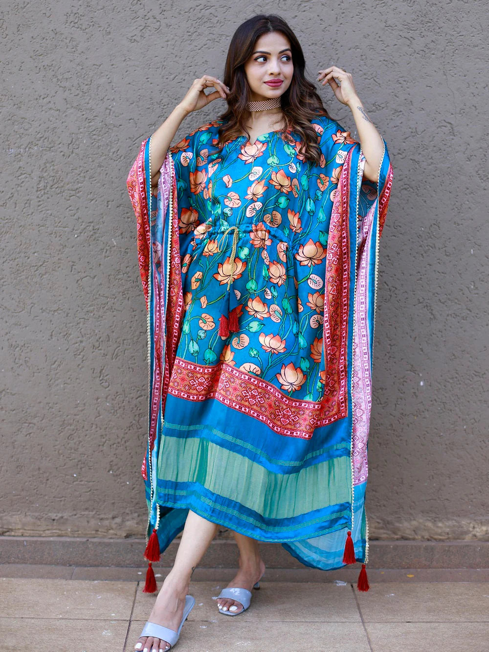 Mughal-Inspired Digital Floral Print Pure Gaji Silk Teal Blue Kaftan with Bandhej Accents & Zari Border