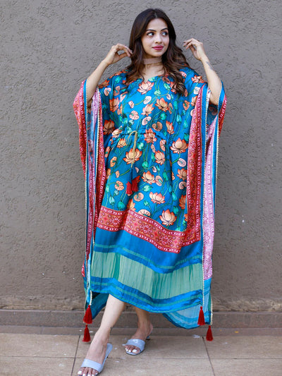 Mughal-Inspired Digital Floral Print Pure Gaji Silk Teal Blue Kaftan with Bandhej Accents & Zari Border