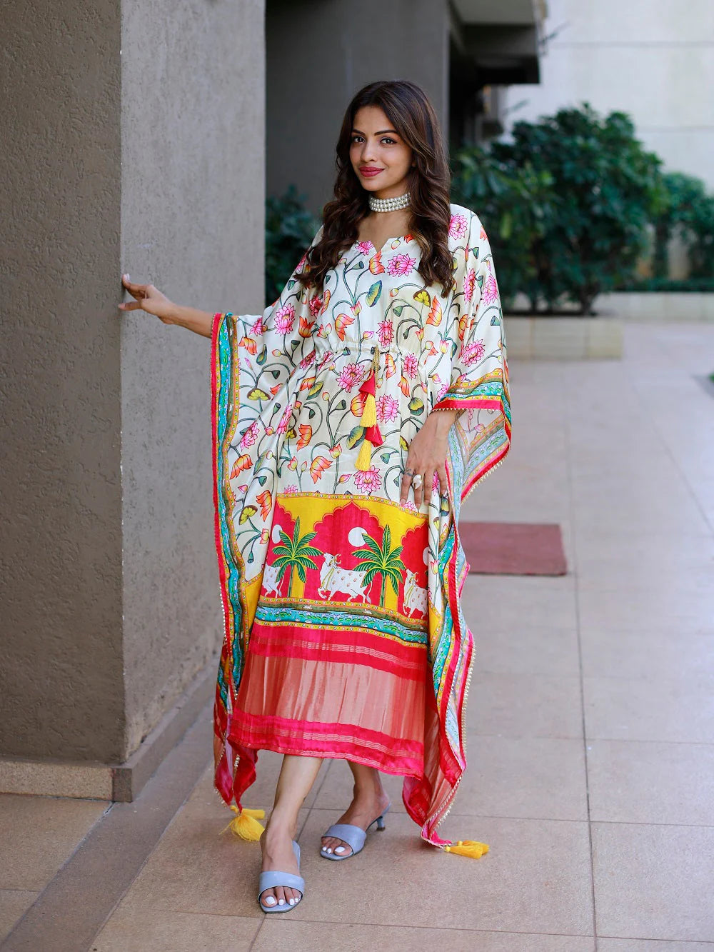 Pichwai-Inspired Pure Gaji Silk Kaftan with Bandhej Print & Floral Lotus Motifs